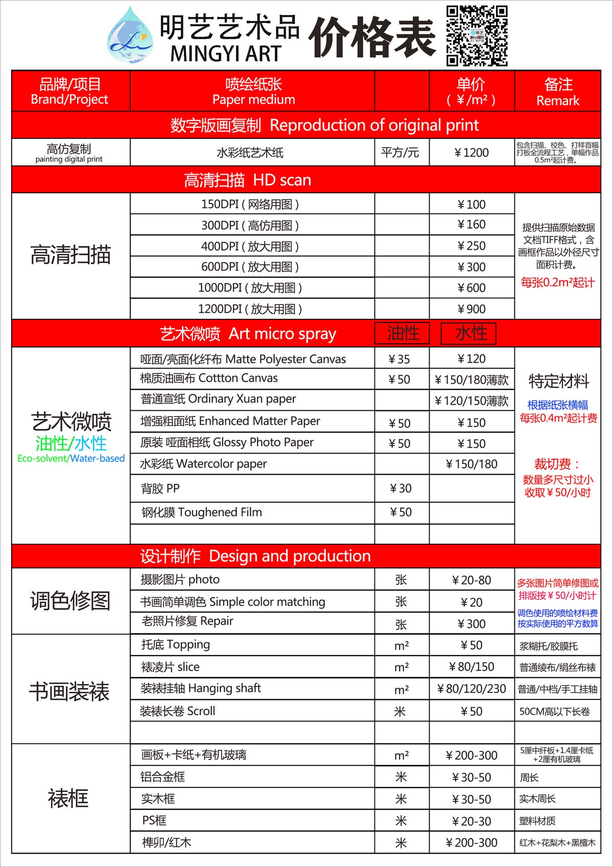 明艺艺术品完整价格表